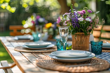 Obraz na płótnie Canvas Summer garden table setting, elegant summer outdoor dinner.