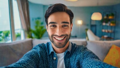 Selfie picture of a happy young handsome millennial man smiling at the camera in the living room in a modern home  - Powered by Adobe
