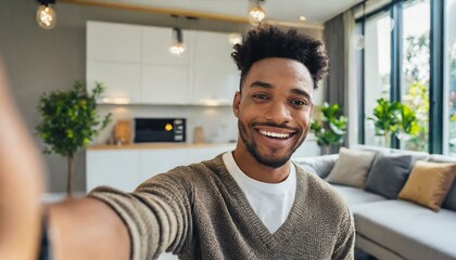 Selfie picture of a happy young handsome millennial man smiling at the camera in the living room in a modern home 