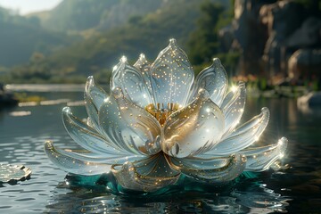 A large, glittering flower is floating in a body of water - obrazy, fototapety, plakaty