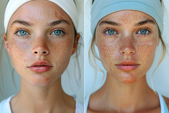 Before and after acne treatment collage portrait of the face of young beautiful woman. Problem skin rejuvenate and beauty skin care concept.