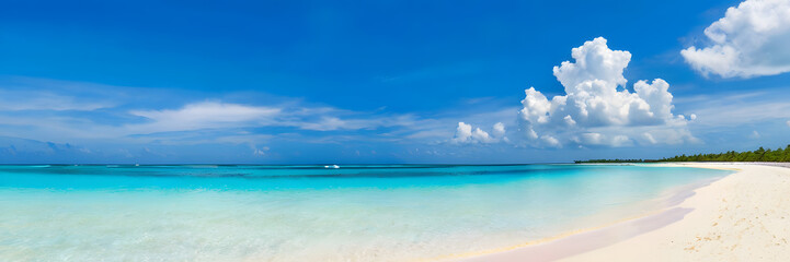 Fototapeta premium 3:1 banner. Tranquil Beach Paradise: Perfect for Summer Escapes. Space for text.