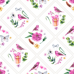 Watercolor seamless geometric pattern with birds and flowers