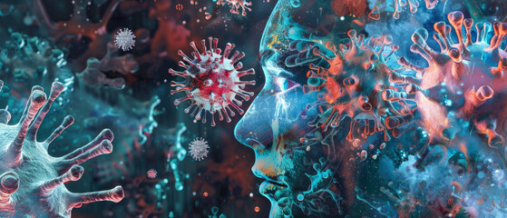 Viruses and bacteria in air near human face, macro view of infection. Concept of flu, influenza, disease, health, transmission, science, - obrazy, fototapety, plakaty