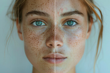 Before and after acne treatment collage portrait of the face of young beautiful woman. Problem skin rejuvenate and beauty skin care concept. - obrazy, fototapety, plakaty
