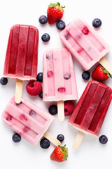 Variety of berry popsicles on white table overhead shot
