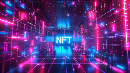 Obraz premium Neon cyber space with NFT, modern token on abstract digital background. Theme of blockchain, non-fungible, crypto art, data, gallery, technology