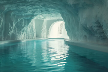 Swimming pool inside white cave with stone wall