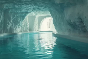 Store enrouleur sans perçage les îles Canaries Swimming pool inside white cave with stone wall