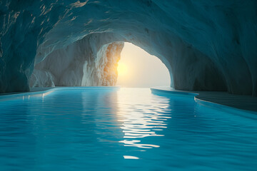 Swimming pool inside blue cave with stone wall