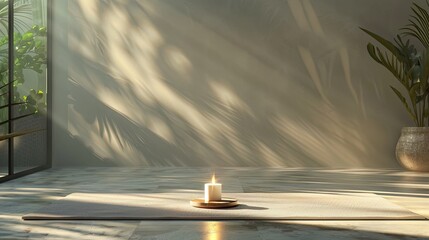 a yoga session with a yoga mat featuring a burning candle, illuminated by abundant natural light, the minimalist yet stylish design of the mat, creating a tranquil and inviting atmosphere.
