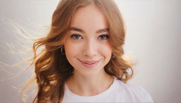 portrait of young happy woman looks in camera 