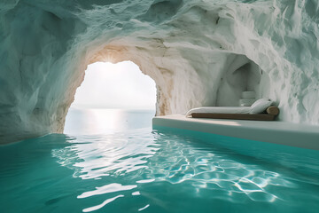 Swimming pool inside white cave with stone wall