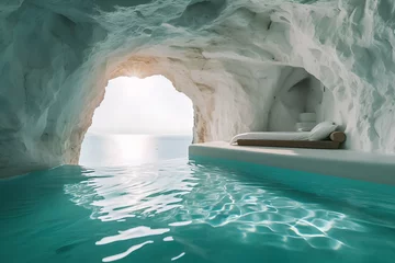 Papier Peint photo les îles Canaries Swimming pool inside white cave with stone wall