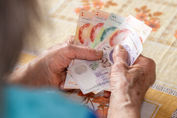 Household budget of elderly people in Singapore. Economic concept, Pensioner woman holds several Singapore dollars in her hands, Financial situation of elderly people in Singapore