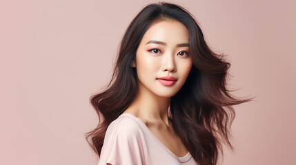 Beautiful young Asian woman with clear skin on pink background. Skin care.