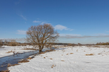 Early spring, melting snow, under the bright rays of the sun, thawed patches in the snow, colorful...