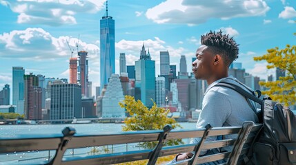 a young African American man as he sits on a bench, gazing at the majestic skyline, in a candid and heartfelt photography moment.