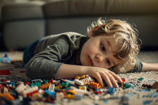 A young boy is laying on the floor surrounded by a pile of legos