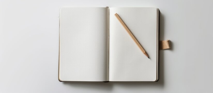 Design concept featuring a top-down view of a white notebook with an elastic band, blank page, and a wooden pencil on a white background for mockup purposes. The image is a real photograph, not a .