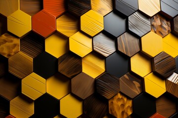 high-tech background with geometric glazed wooden of various shapes with orange, white, gold colors