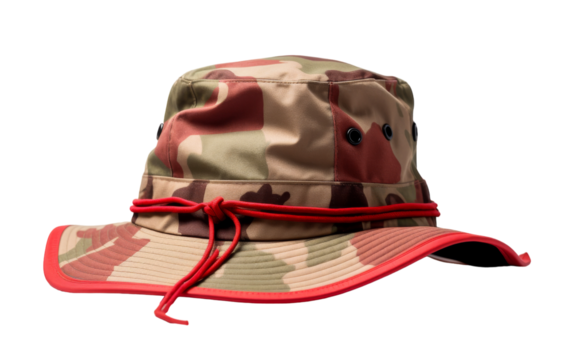 A camo hat with a red string wrapped around the brim, adding a pop of color to the cool camouflage design