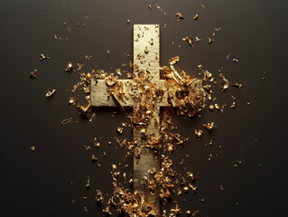 A luxurious golden cross is shattered into pieces against a dark backdrop, conveying a sense of loss and transformation