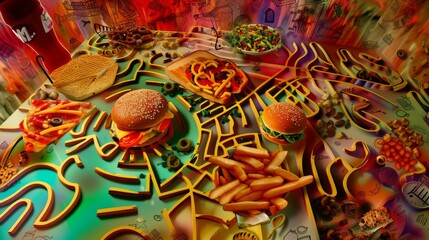 A vibrant digital art piece capturing an array of fast food items like burgers and fries amid abstract patterns.