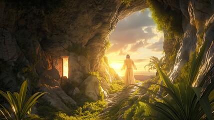 Jesus's resurrection from the tomb in photorealistic detail, focusing on the rocky interior devoid of flowers or greenery, illuminated by the soft morning light.