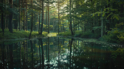 A serene lake nestled within a dense forest, with the reflection of towering trees on the calm water surface, capturing the tranquility of a hidden woodland oasis.