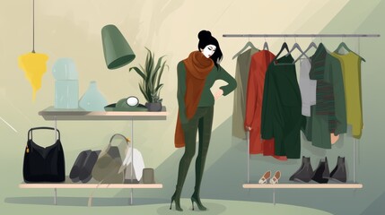 A graphic illustration showcasing an elegant woman dressed in green, standing in a contemporary fashion store, surrounded by stylish clothing and accessories.