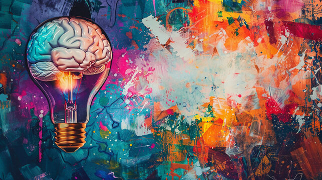 light bulb with brain symbol of idea thiking inovation vibrant color, conceptual art.