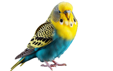 A vibrant yellow and blue parakeet gracefully sits on a white background