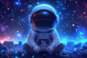 A seamless pattern of a cute cartoon astronaut on a blue background - obrazy, fototapety, plakaty