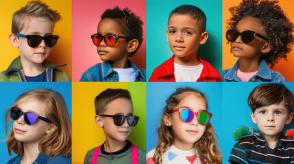 A collage of laughing children on a multicolored background. - Powered by Adobe