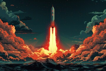 Fototapeta premium Modern illustration of a cartoon rocket departing from the planet