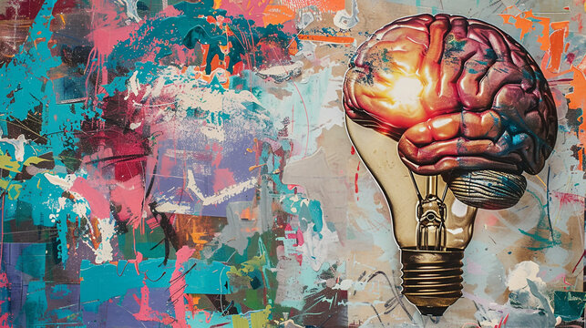light bulb with brain symbol of idea thiking inovation vibrant color, conceptual art.
