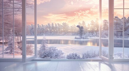 A large window with white sliding doors opens to the snowy landscape of winter
