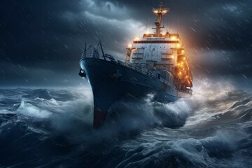 Cargo ship navigating through stormy sea - obrazy, fototapety, plakaty