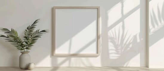 A mockup of a white wooden photo frame on a white wall.