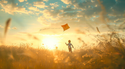 Obraz na płótnie Canvas Child Flying Kite in Meadow at Sunset