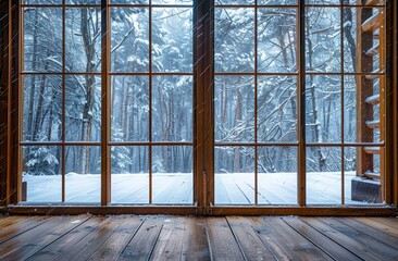 A large window with wooden frame overlooking the snow covered forest, panoramic view of heavy falling snow outside