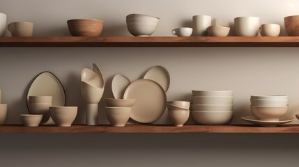 Obraz na płótnie Canvas A display of assorted ceramic tableware on wooden shelves, capturing a homely and rustic charm perfect for interior design themes.