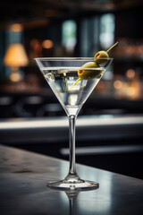 Classic martini cocktail with olives on a bar counter in a dark bar setting