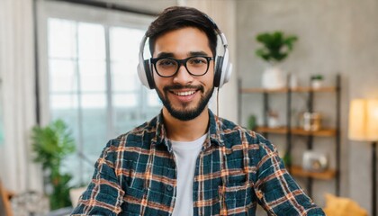  Portrait of an attractive young bearded hipster man smiling at the camera, wearing headphones, standing in the modern house, wearing a casual shirt. The view while the video-calling concept 