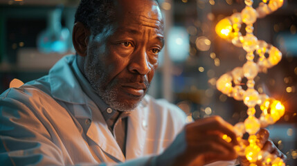 An older African American scientist intently examines a glowing DNA model