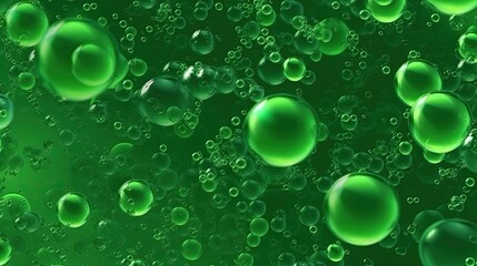 Transparent macro bubbles, science cosmetic, 3D Collagen serum and vitamins, hyaluronic acid skin care solutions with cosmetic advertising background in green colors