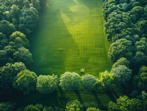Aerial shot of a serene green field bordered by trees - Harmony - Gentle sunlight filtering through - Simplistic aerial photograph