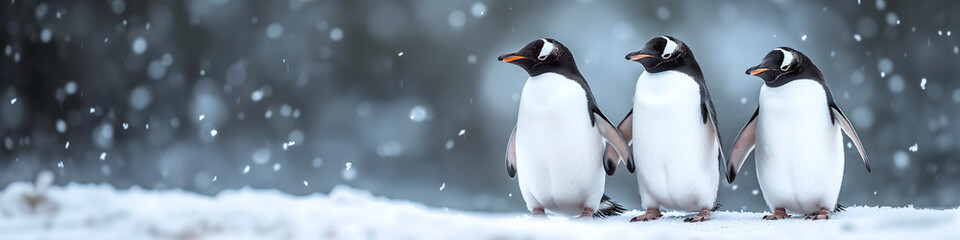 three of cute baby penguins in winter