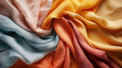 colorful fabrics, known for their softness and easy maintenance, juxtaposed with the luxurious comfort of cotton and silk textiles, in a realistic photograph evoking tactile sensations.